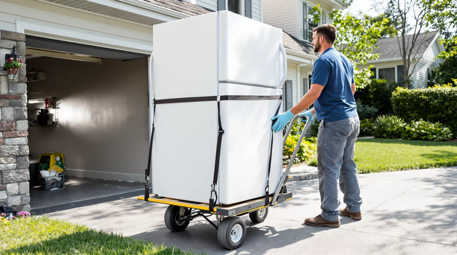 A worker moving a white refrigerator on a hand truck up a home driveway.