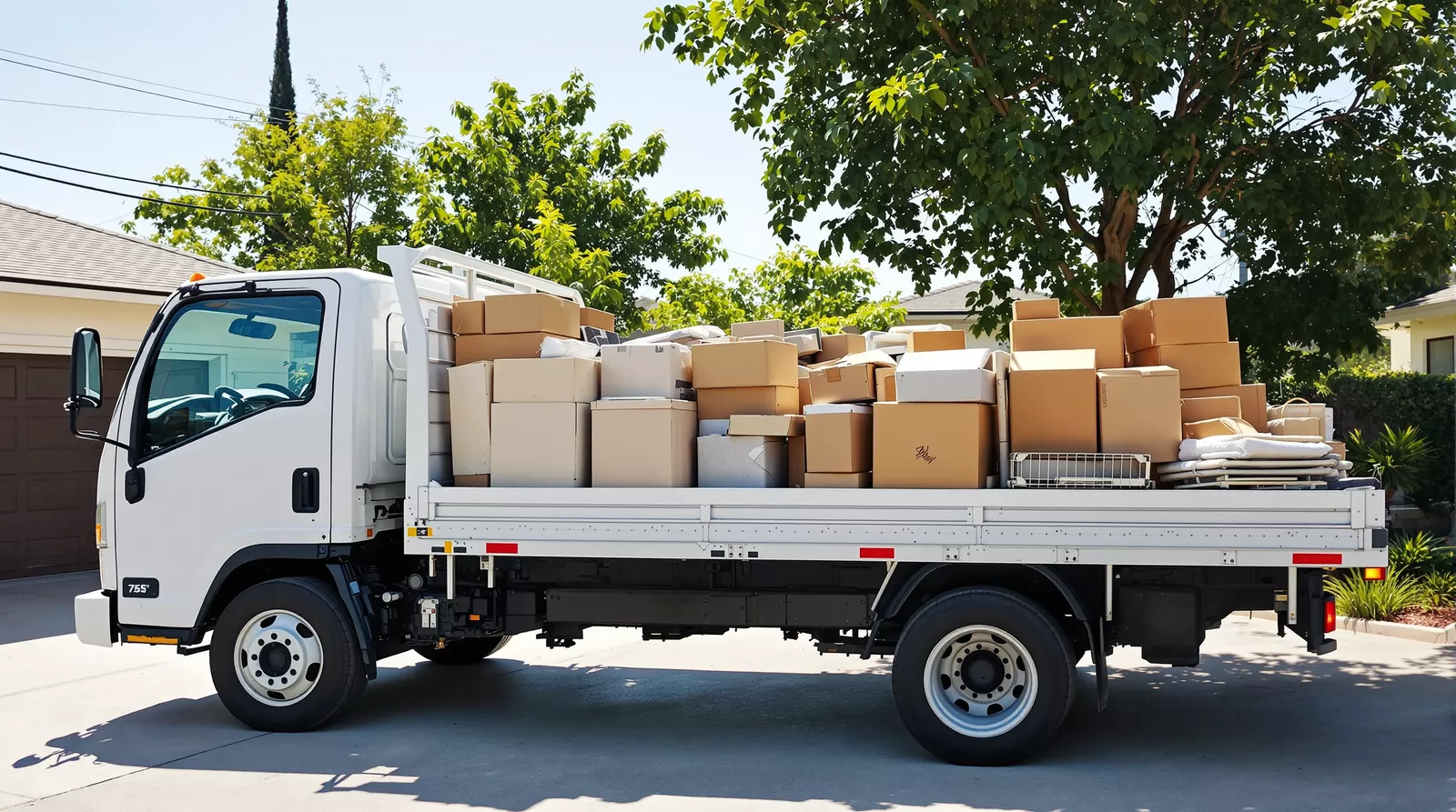 A Z Junk flatbed truck loaded with boxes and household junk on a residential street.