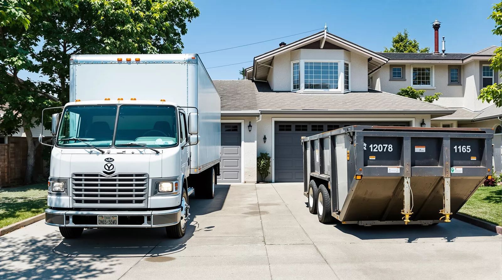 A junk removal box truck parked next to a rental dumpster in a suburban driveway.