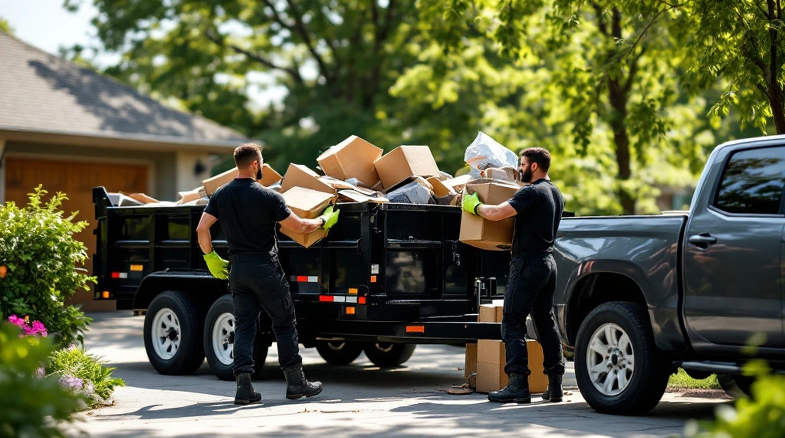 A Z Junk crew in black uniforms loading household junk into a gunmetal Silverado 2500 HD dump trailer in a residential driveway.
