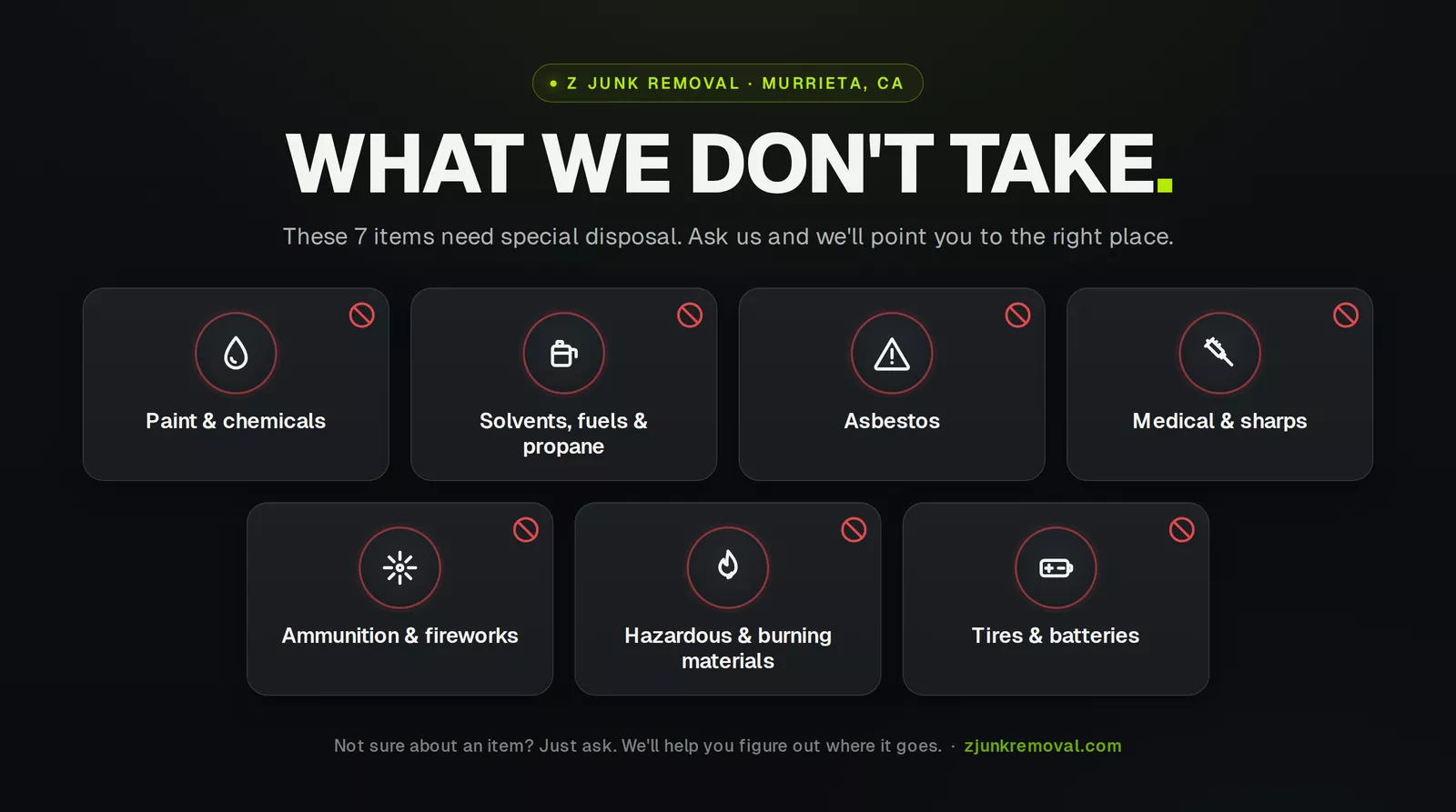 Z Junk graphic listing the seven items we do not take: paint and chemicals, solvents fuels and propane, asbestos, medical and sharps, ammunition and fireworks, hazardous and burning materials, and tires and batteries.