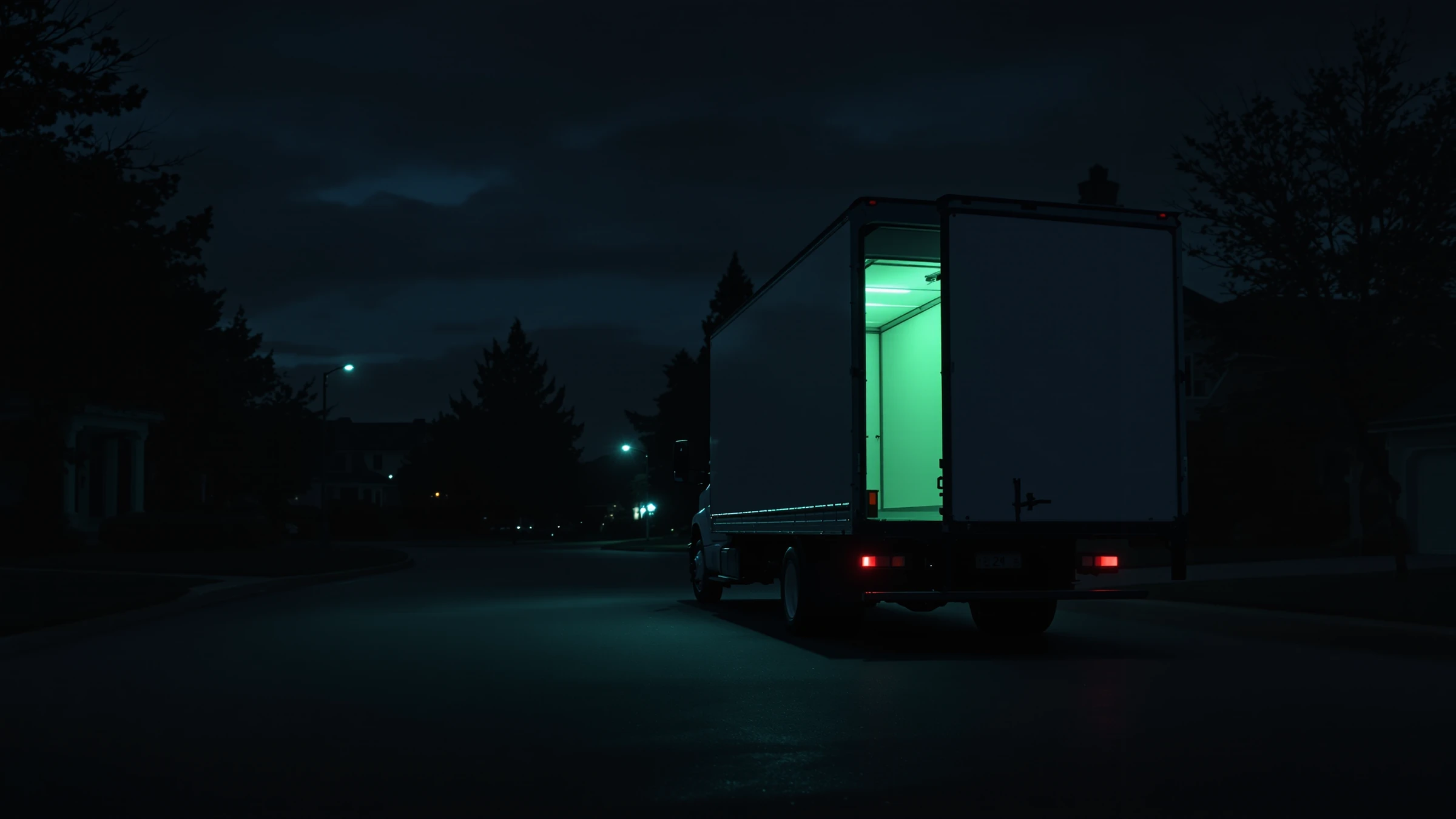Z Junk box truck backed into a driveway at dusk, cargo bay open and ready.